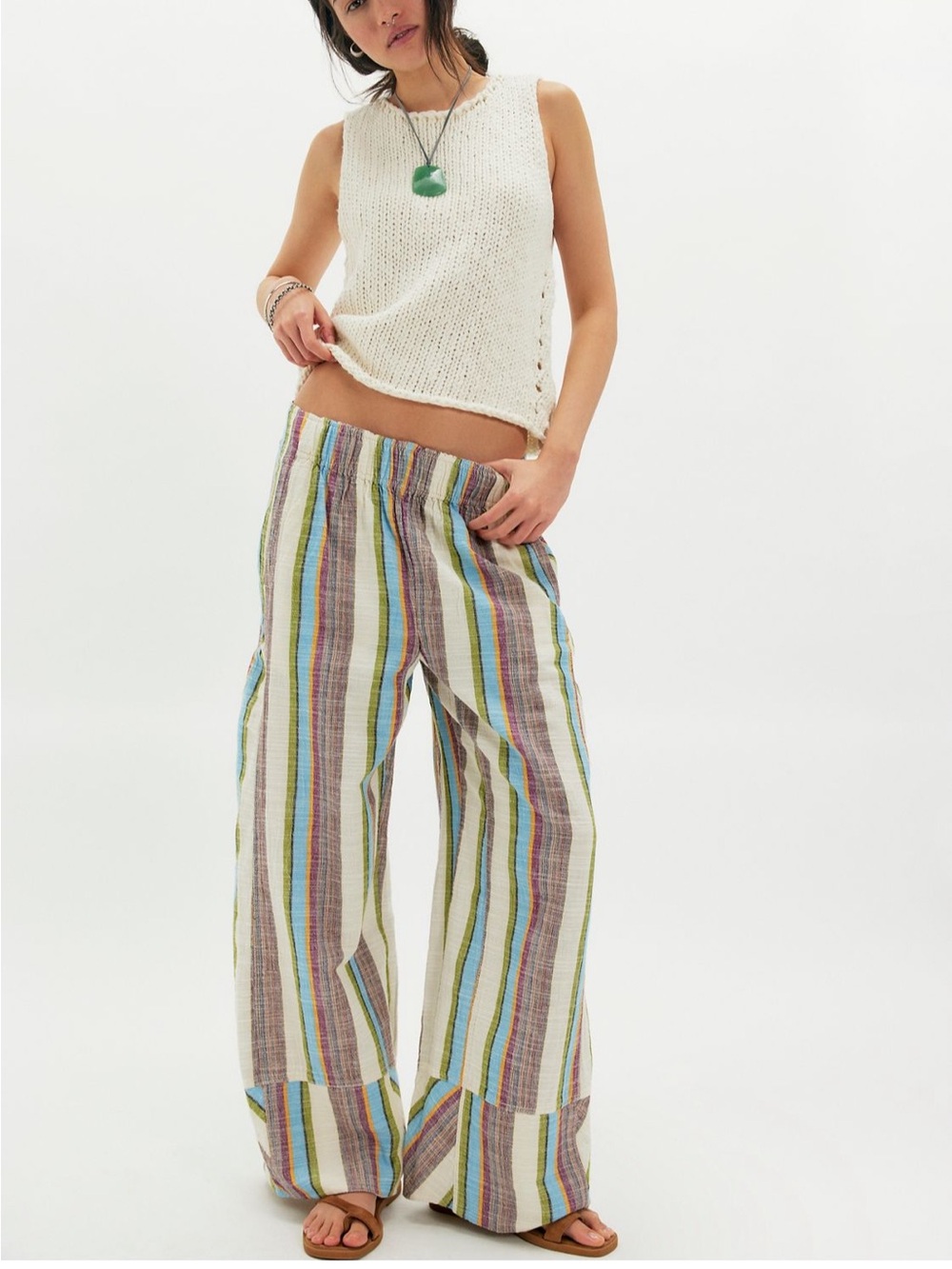 Free People Striped Wide-Leg Linen Blend Pants in 🩵